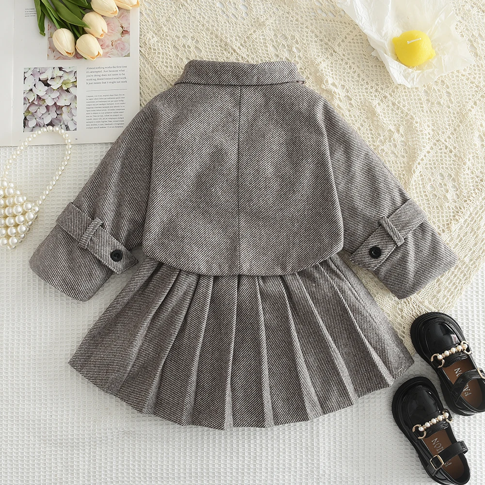 Girls Autumn Fashion Cute Outfit Turn-down Collar Coat + Pleated Skirt 2 Pcs Set 3-7 Years Kids Casual Sweet Clothes
