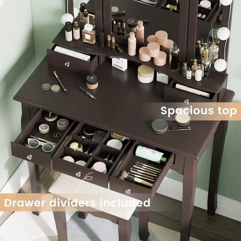 Dresser with illuminated mirror and stool, dresser with 5 drawers, 3 light settings and adjustable brightness