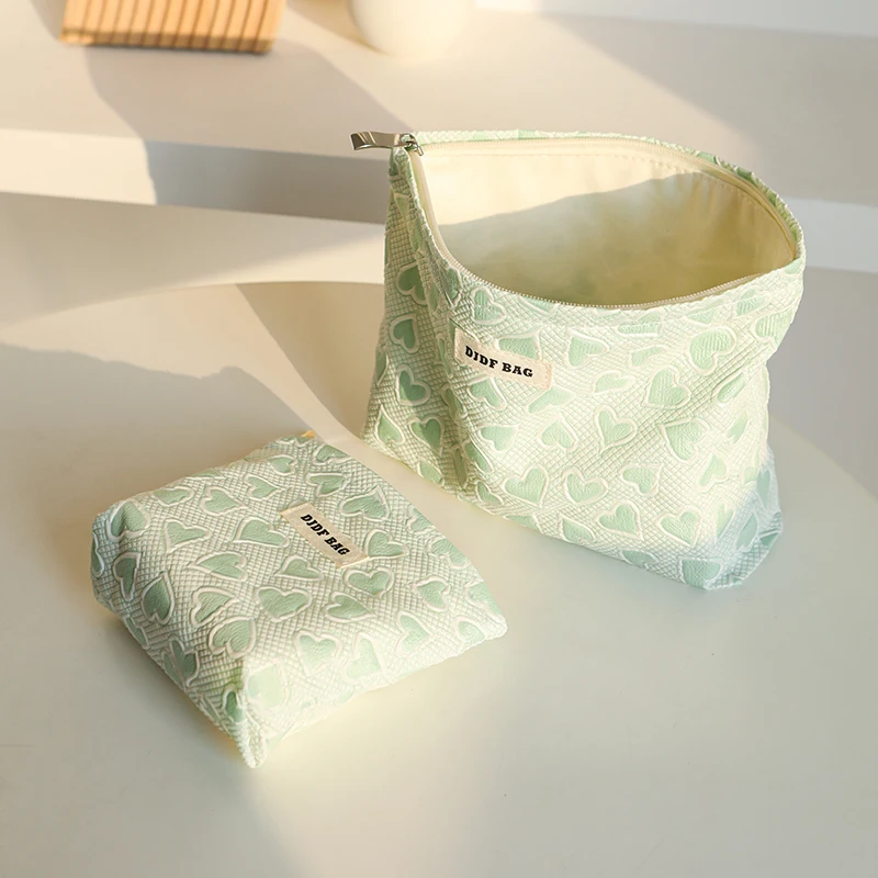 Green love for women's makeup bag double canvas zipper cosmetics storage bag travel toiletry bag commuter liner bag coin purse