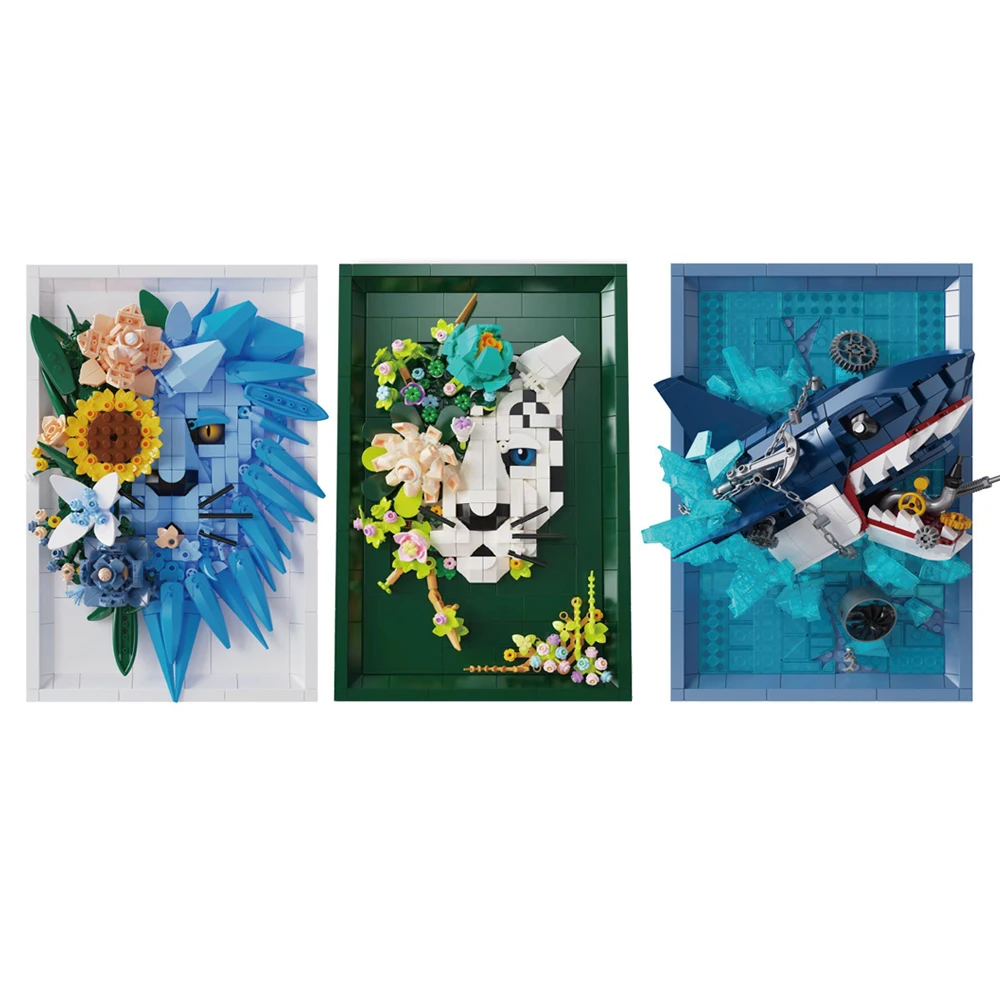 

IN STOCK MOC Creativity Preserved Flower Photo Frame Building Blocks Assembling Lion Shark Bricks Kids Toys Birthday Gift Set
