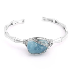 CSJA Natural Stone Cuff Bracelets Women Silver Color Wire Wrapped Irregular Raw Amethysts Aquamarine Crystal Healing Bangle H274