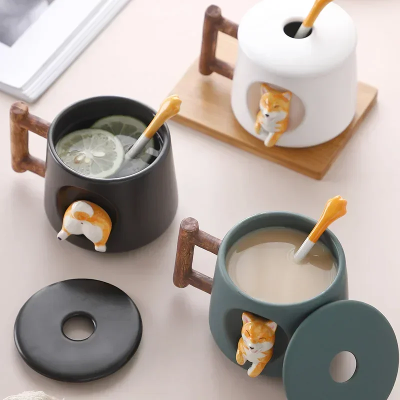 Home Decoration Cute Cartoon Animal Shiba Inu Ceramic Mug Creative Christmas Valentine Gift Couple With Lid Spoon Coffee Cup M97