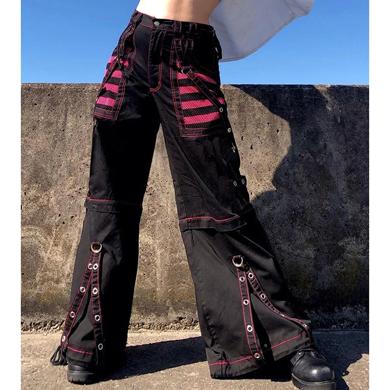 

Women Gothic Cargo Jeans Wide Straight Leg Punk Grunge Baggy Pants Goth Aesthetic Streetwear Trousers