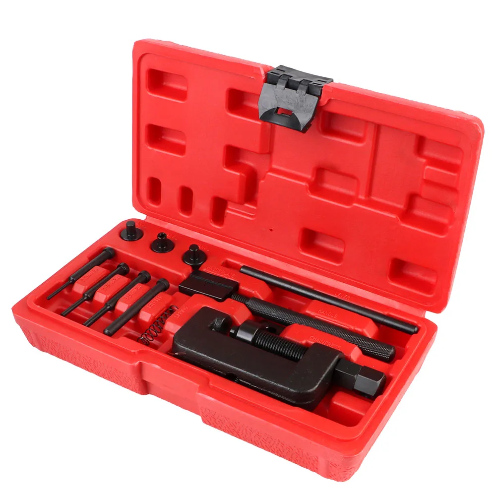 

Riveting Repair Tool Kit Splitter Link Riveter Set Motorcycle Bike 13Pcs With Red Case Heavy Duty Cam Drive Chain Breaker
