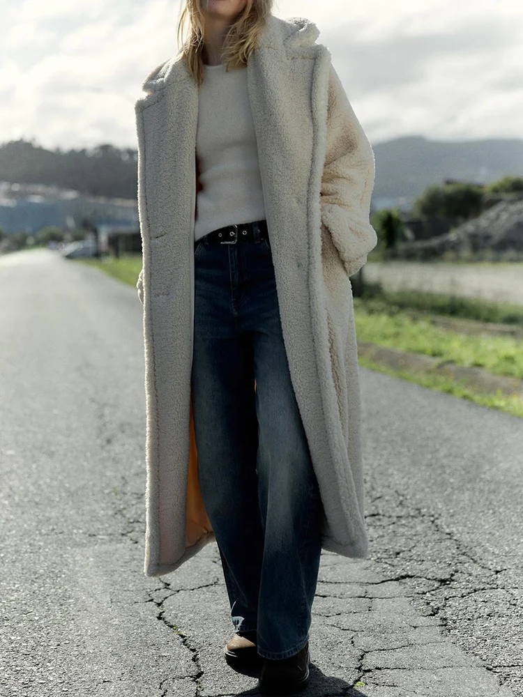 

Loose Double-Breasted Fce-Lined Long Sve Collar Coat Women's Autumn New Arrival Outerwear Straight Cut Regular Thin