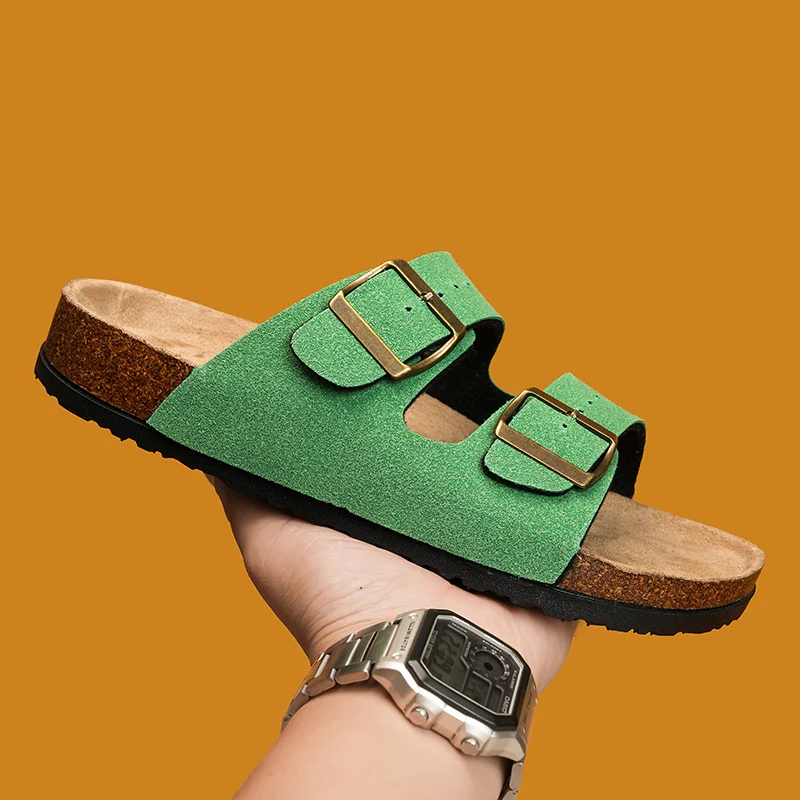 Ladies Cork Slippers With Double Buckle Adjustable Two Straps Suede Leather Clogs Comfort Footbed Slip On Flat Sandals Women view 3