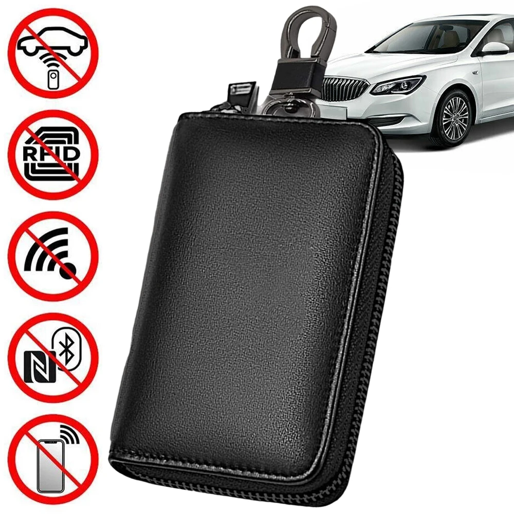 Autoschlüssel-Signalschutz - RFID-blockierende Diebstahlschutztasche mit Kunstleder-Etui, Sicherheitshaken und Schlüsselring für den Schutz bei schlüssellosem Zugang, Schwarz, Kompaktes Design,