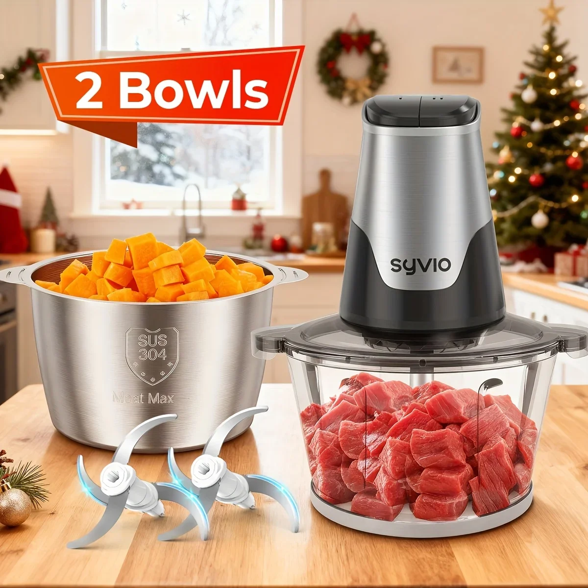 

[450W Food Processor] Syvio 450W 2-Speed Food Processor with 2 Bowls & 4 Bi-Level Blades | Mini Electric Chopper for Baby