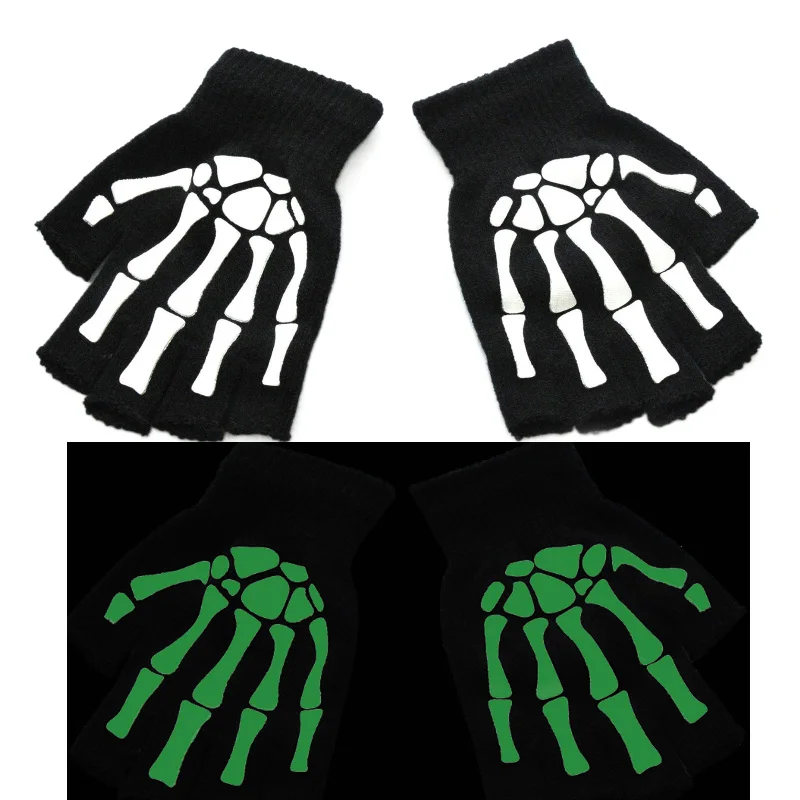 Adult Kids Halloween Skeleton Skull Half Finger Luminous Gloves Winter Skull Fingerless Mitten for Event Party Festive Cycling