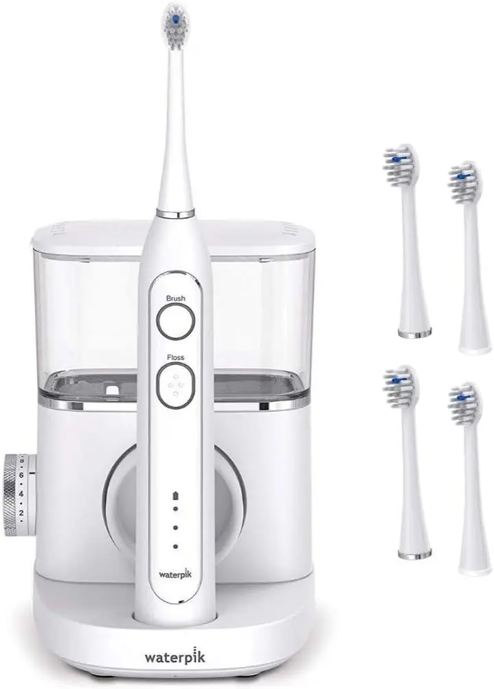 Waterpik White Sonic-Fusion Toothbrush and Heads (Set of 4). Brush and Floss at The Same Time. Removes Plaque and Debris