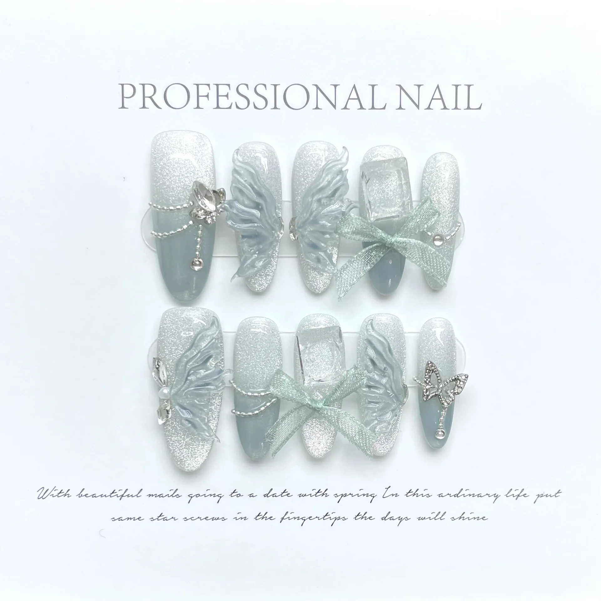 

Green Jade Butterfly Handmade Nails Press on Full Cover Manicuree Wings Diamond False Nails Wearable Artificial With Tool Kit