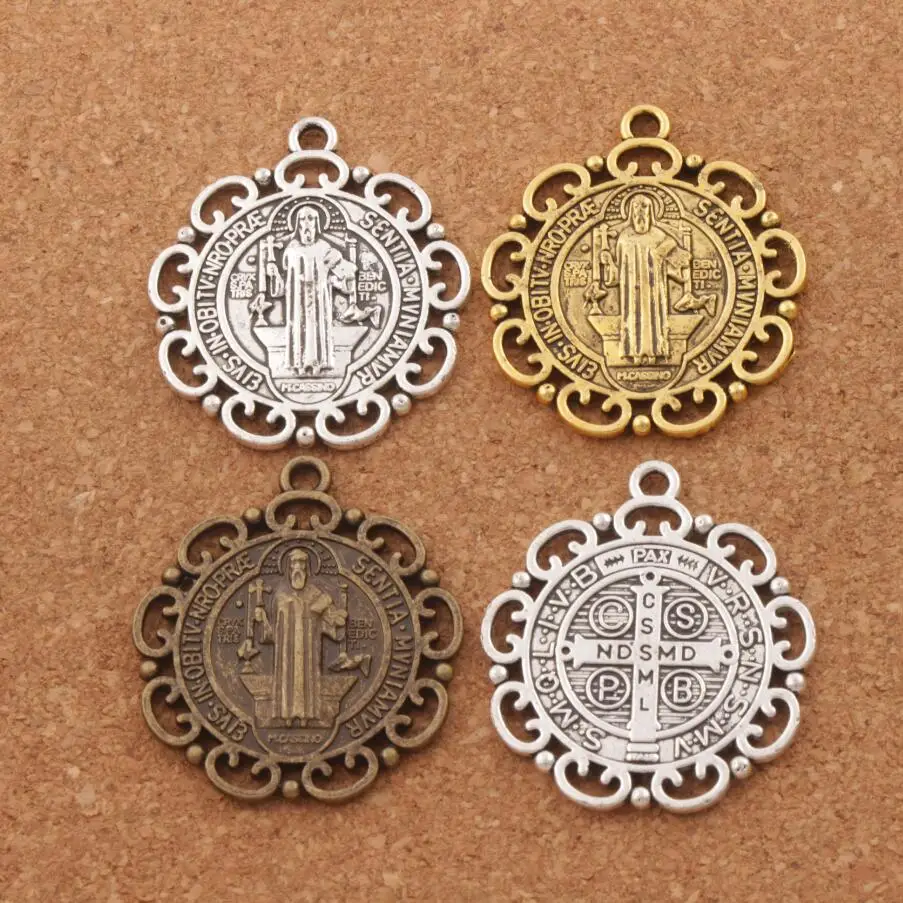 6pcs Flower Saint Benedict Charms Exorcism Medal Michael The Protector Beads Antique Silver/Gold/Bronze 33mm Pendant L1763