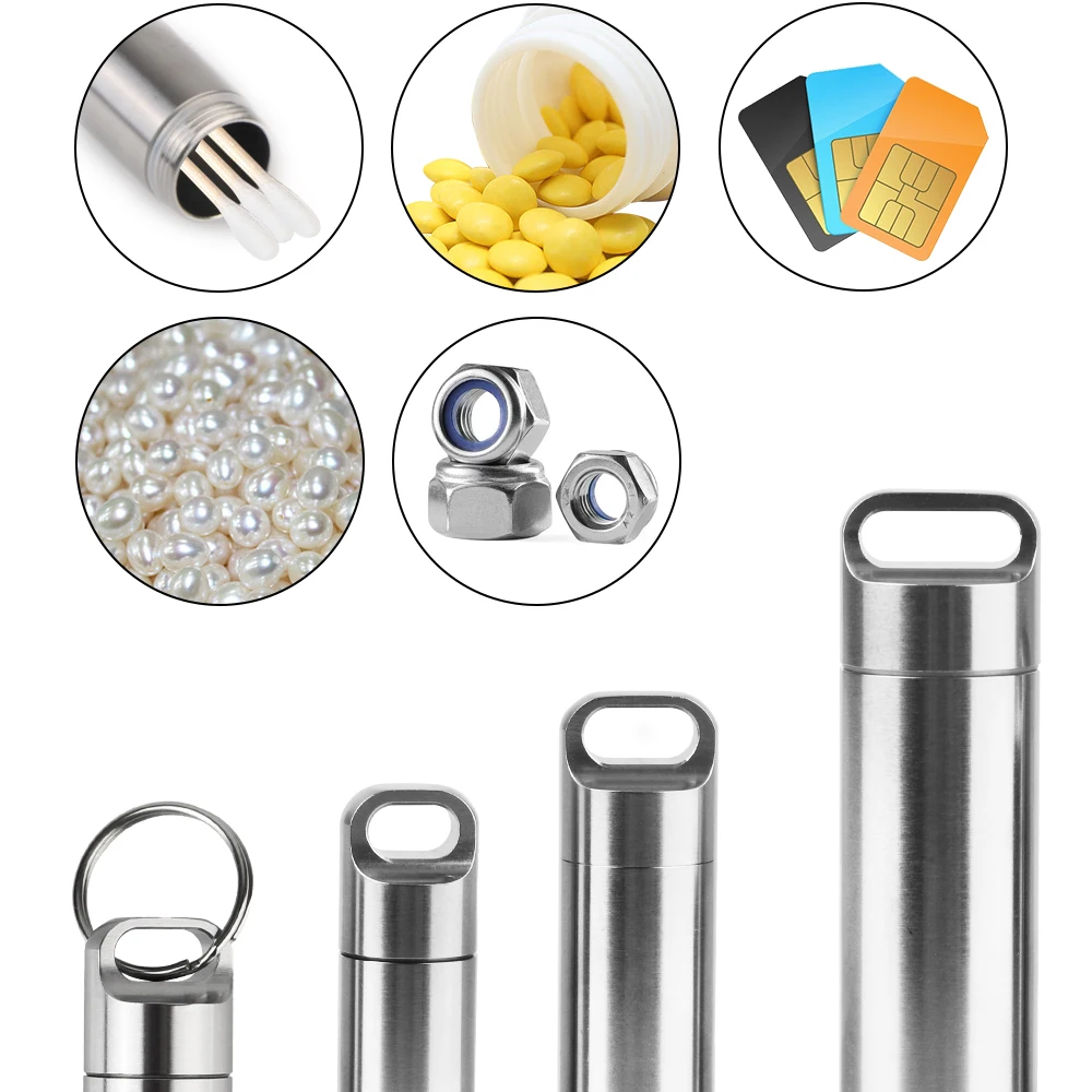 Stainless Steel S M L Pill Storage Box With Keychain Seal Rings Camping Firstaid Pendant Mini Medicine Case Waterproof Portable