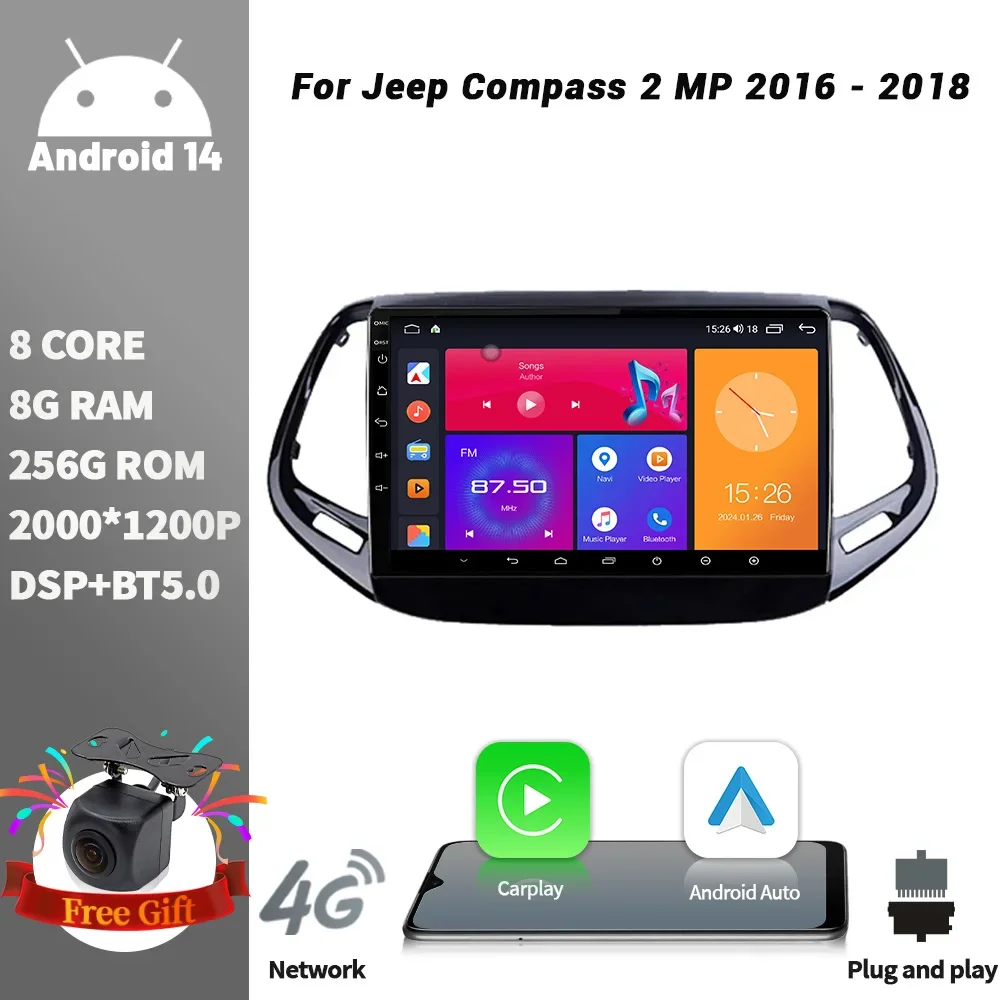 Android Auto carplay Radio Multimedia Player GPS Stereo QLED 256GB Wireless for Jeep Compass 2 MP 2016 - 2018 DSP RDS 4G 5GWIFI