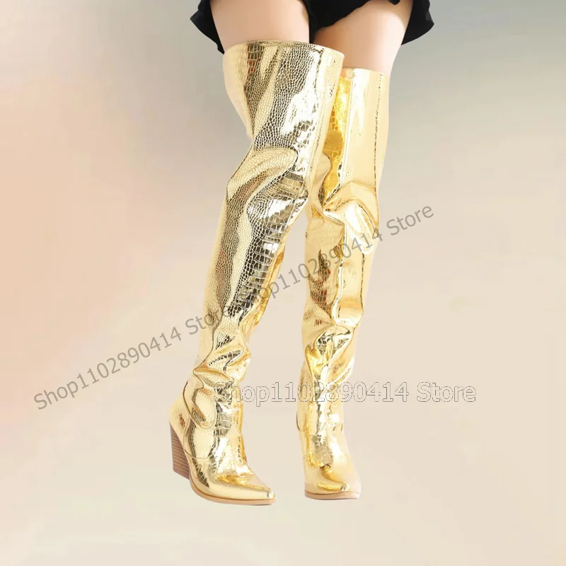 Gold Silver Fish Scale Print Pointed Toe Boots Slip On Women Shoes Chunky High Heels Fashion Banquet 2024 Zapatos Para Mujere