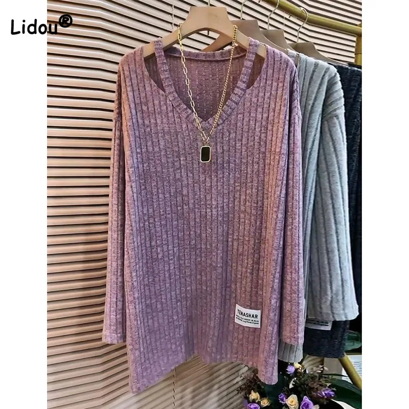 Fashion Lady V-Neck Chic Hollow Out Sweaters Autumn Winter Loose Simplicity Long Sleeve Solid Color Knitted Tops for Female