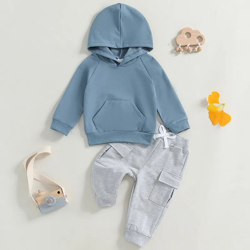 RUEWEY 6 Months to 4 Years Toddler Boy Pant Sets Autumn Clothes Solid Color Pocket Long Sleeve Hoodies Sweatshirts and Pants