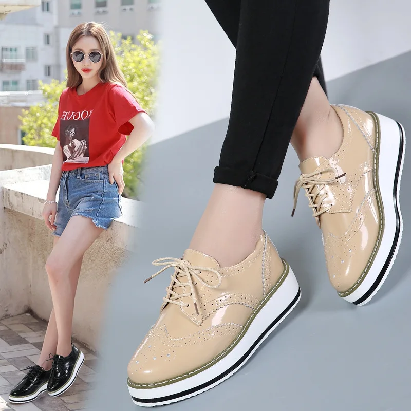 

Autumn Platform Woman Leather Flats Lace Up Footwear Female Flat Oxford Shoes