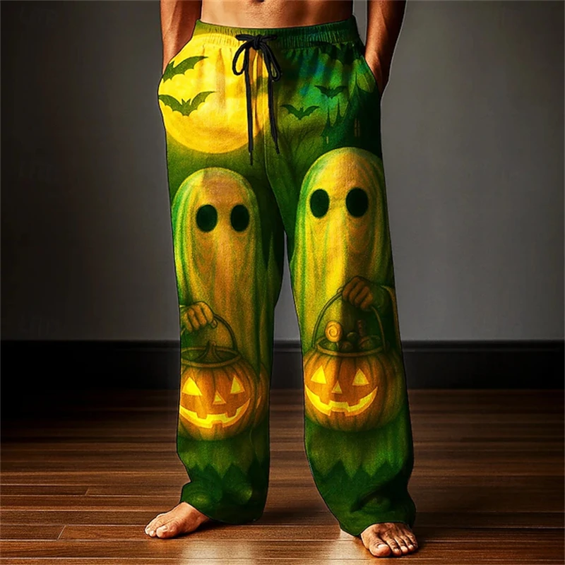 2026 New Men's Pumpkin Ghost Pants Mid-Rise with Drawstring Elastic Waistband Casual Outdoor Wide-Leg Pants Men's Style