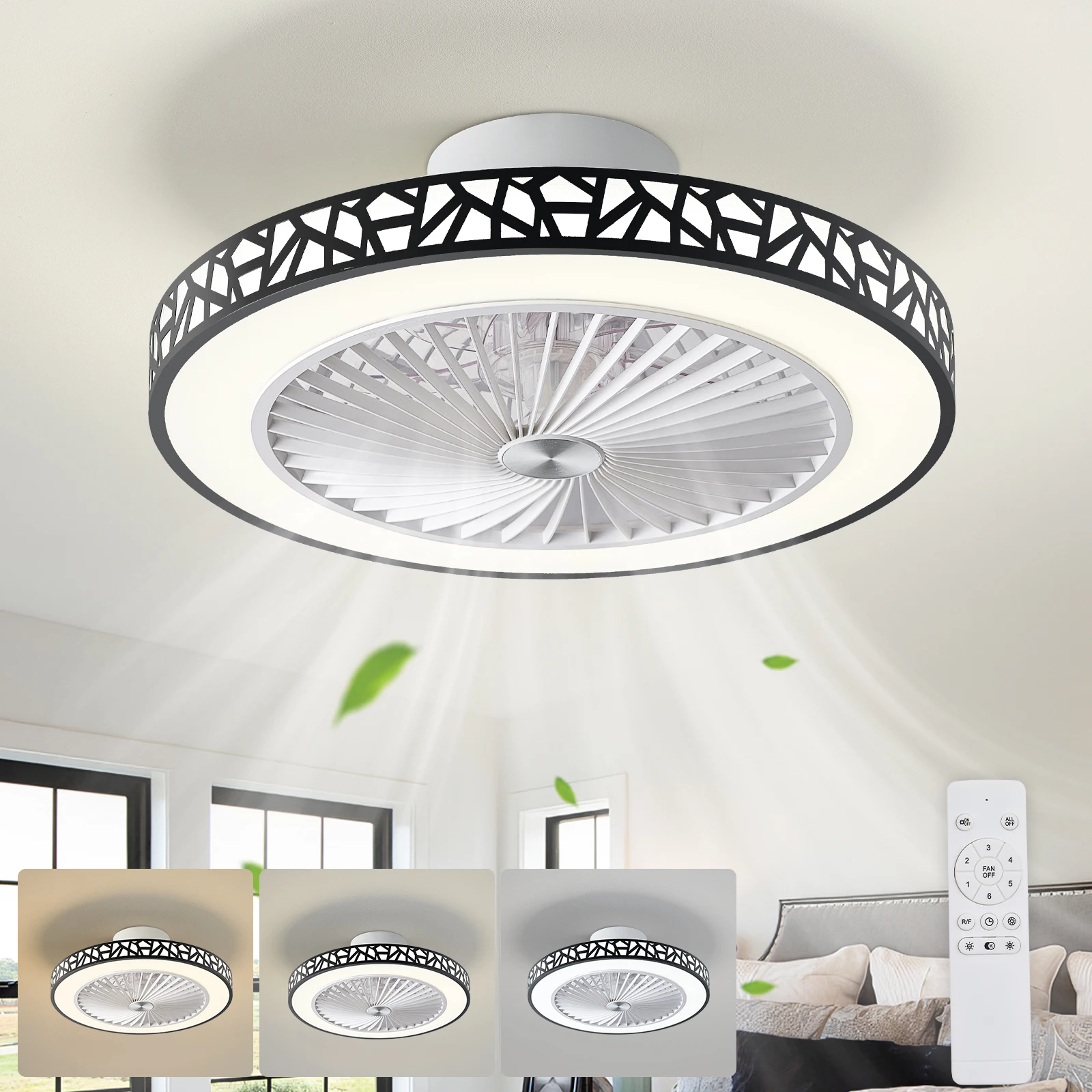 Ventilatore da soffitto con luce a LED, modello a incasso, lampada senza pale con telecomando, illuminazione a 3 colori con funzione di regolazione della luminosità, ventilatore silenzioso con 6