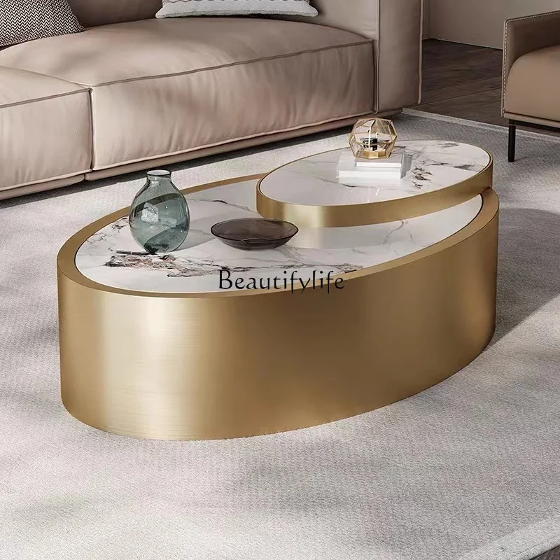 Light luxury minimalist rock slab oval coffee table household living room stainless steel tea table