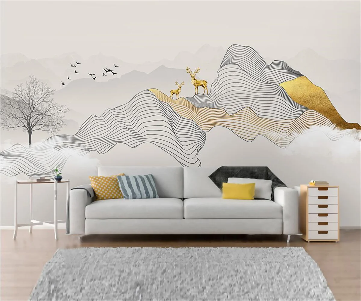 Custom large murals new Chinese abstract ink lines smoke landscape artistic conception elk bedroom background wall 3d wallpaper