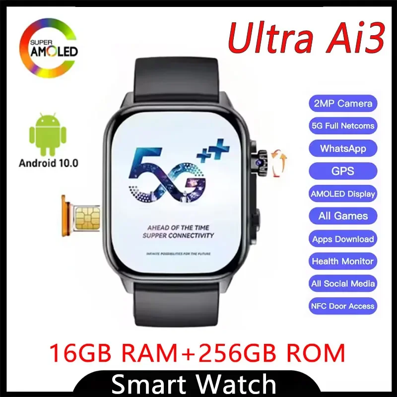 

Умные часы Ultra AI3, 256 ГБ, 4G SIM, Android, 2,2 дюйма, 448*528, Amoled, экран, мониторинг здоровья 180 ° Вращающаяся камера