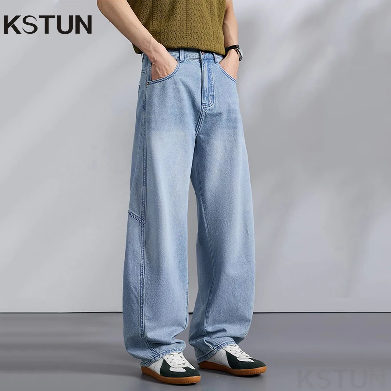 

KSTUN 2026 Summer Wide Leg Jeans Men Loose Straight Baggy Pants Light Blue Patchwork Streetwear Lyocell Fabric Man Long Trousers