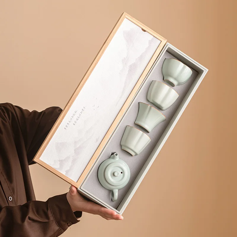 

Tea ceremony Ru kiln one pot four cups Kung Fu tea set household high-end teapot tea cup master cup gift box gift