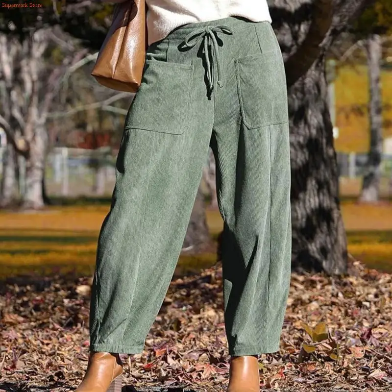 Q5WE Pantaloni velluto a coste da donna Pantaloni larghi a gamba larga Pantaloni Harem a gamba larga con elastico in con