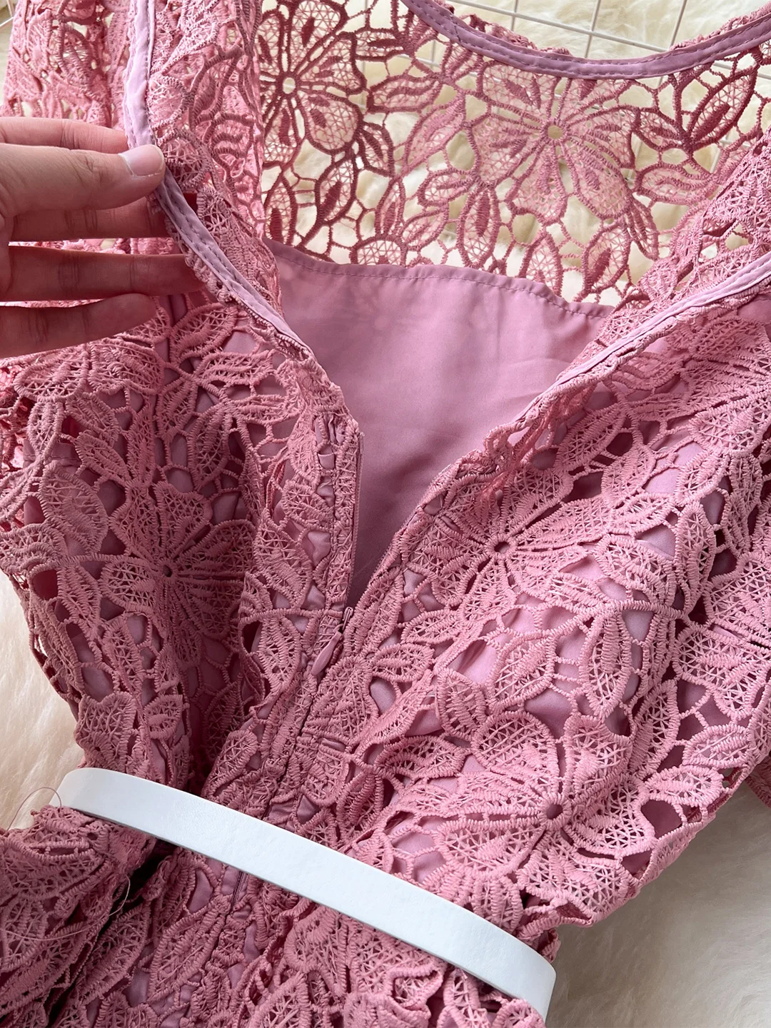 Croysier Round Neck Short Sleeve Dress With Belt Fashion Crochet Lace Elegant Casual Mini Dresses For Women Summer Clothes 2025