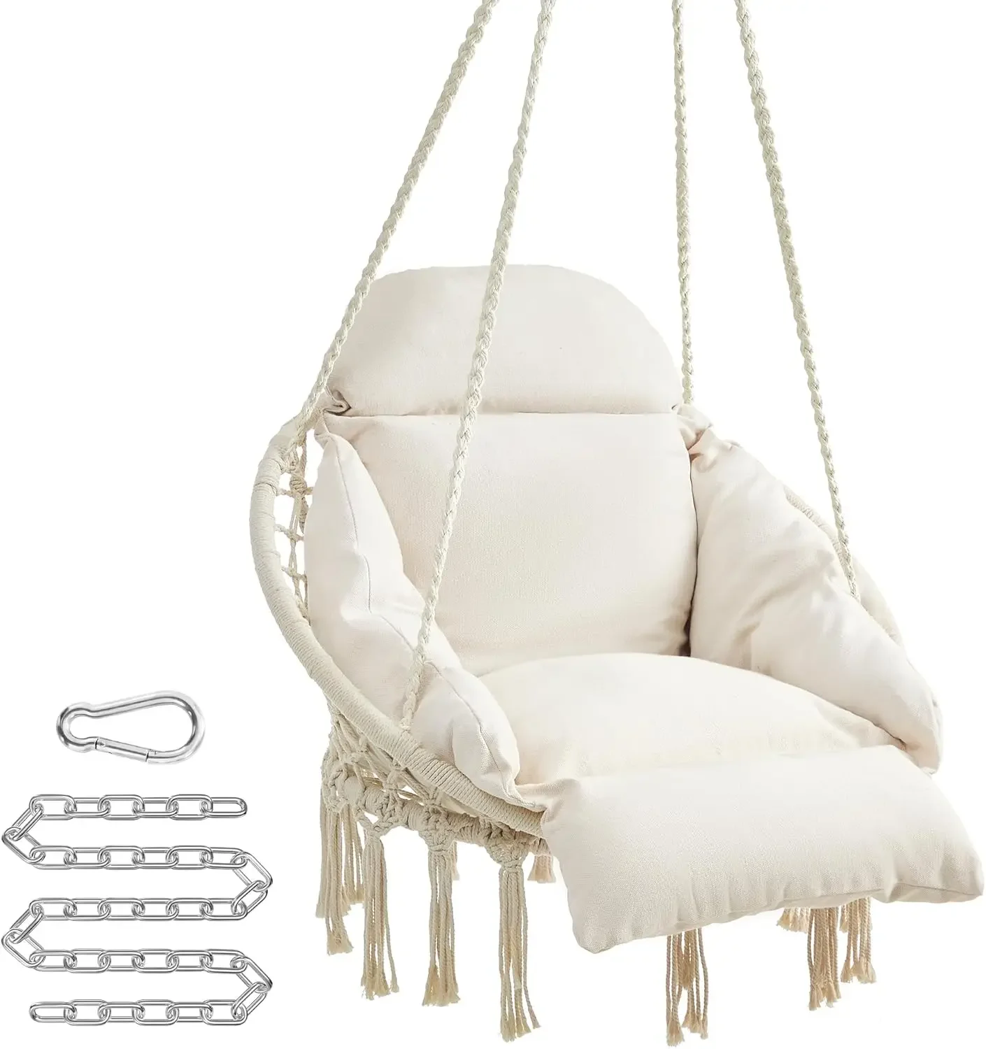 Hanging Chair, Hammock Chair with Large, Thick Cushion, Boho Swing Chair for Bedroom, Patio, Balcony, Garden, Holds up