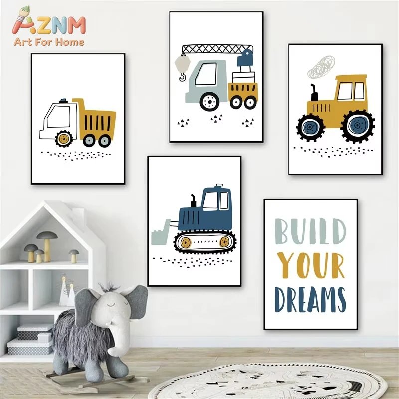 AZNM Boho Construction Vehicle Canvas Wall Art, Cute Tractor Excavator Truck Rainbow Print Kids Nursery Bedroom Home Wall Decor