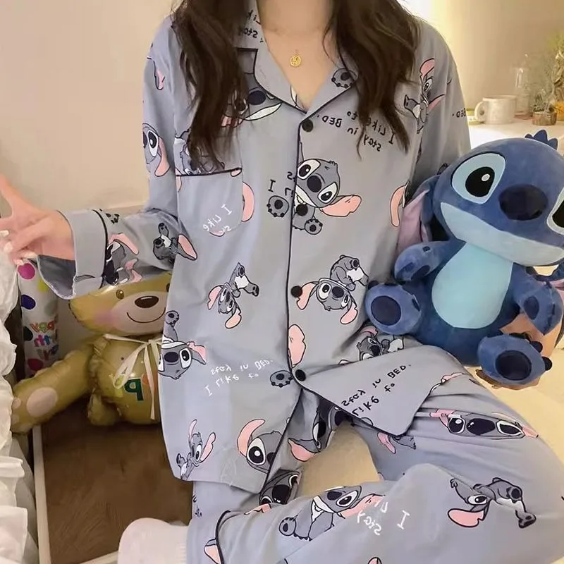 Kawaii spring and autumn long-sleeved pajamas female cartoon Stitch cute student loose home clothes set birthday gift wholesale