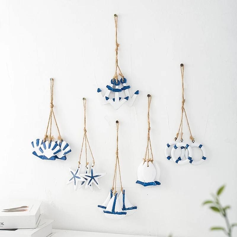 Mediterranean Anchor Ornaments Wall Hanging Decorations Mini Wooden Starfish Scallops Pendant for Home Bar Fish Net Decor Nautic