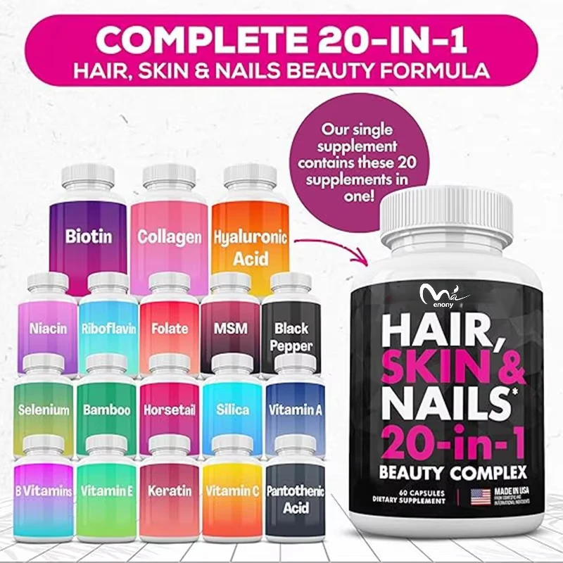 

Biotin 10000mcg, collagen, silica, hyaluronic acid, and keratin - hair, skin, and nail vitamins promote hair growth