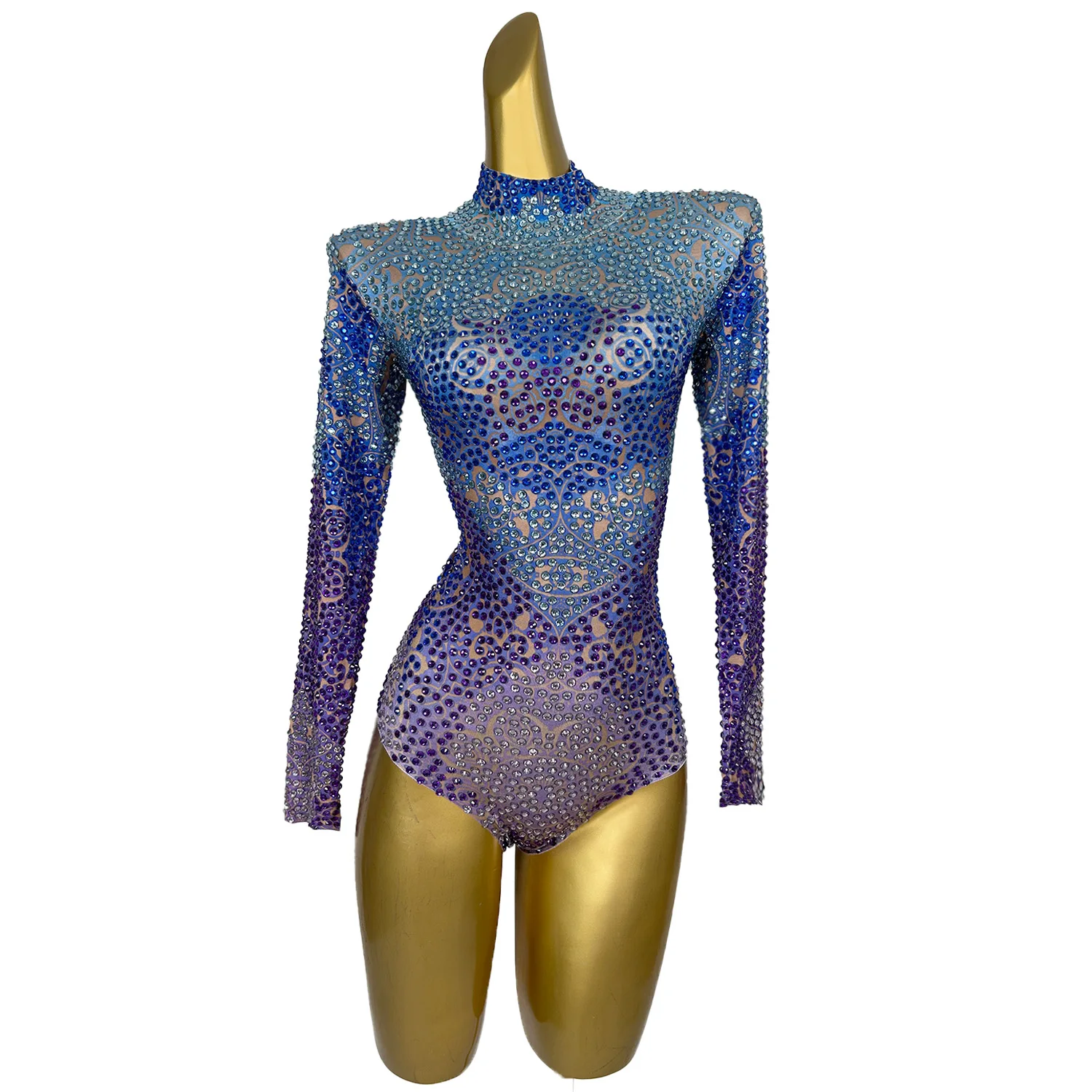 Women Exquisite Rhinestone Shine Bodysuit Long Sleeved Skinny Dance Leotard Club PartyCarnival Stage Performance Wear Bumengwang