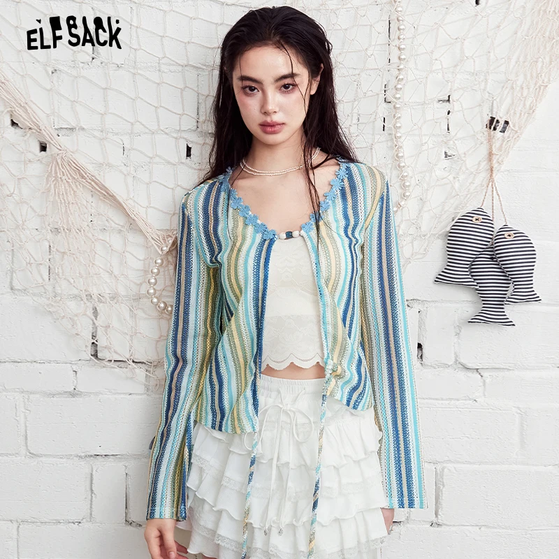 ELFSACK Striped Crochet Knit Crop Top, V-Neck Drawstring Long Sleeve Blouse