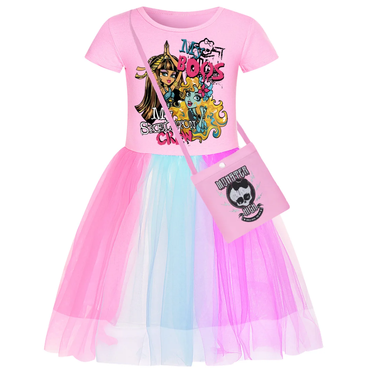 New Summer Monster High Clothes Cartoon Doll Frankie Stein Cosplay Costume Baby Girls Dress Bag Set Kawaii Kids Princess Dresses