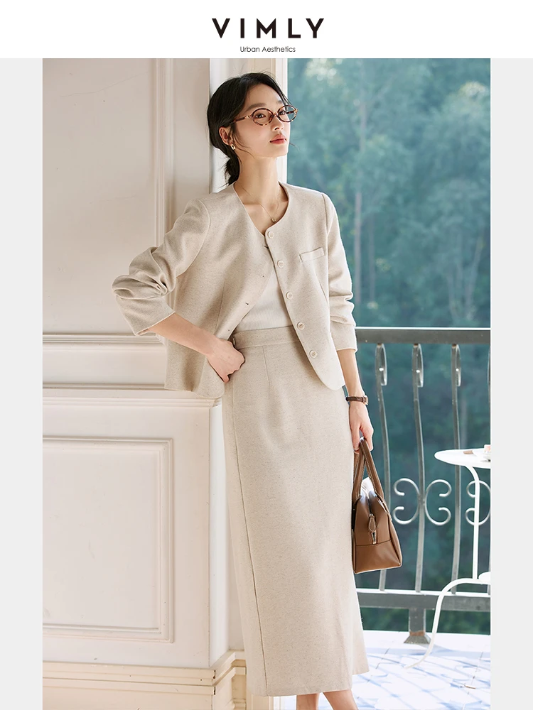 VIMLY Oatmeal Linen Cropped Jacket Skirt Set Women's Commuter Outfits 2026 Crew Neck Jacket and Long Skirt Ladies Clothing A0358