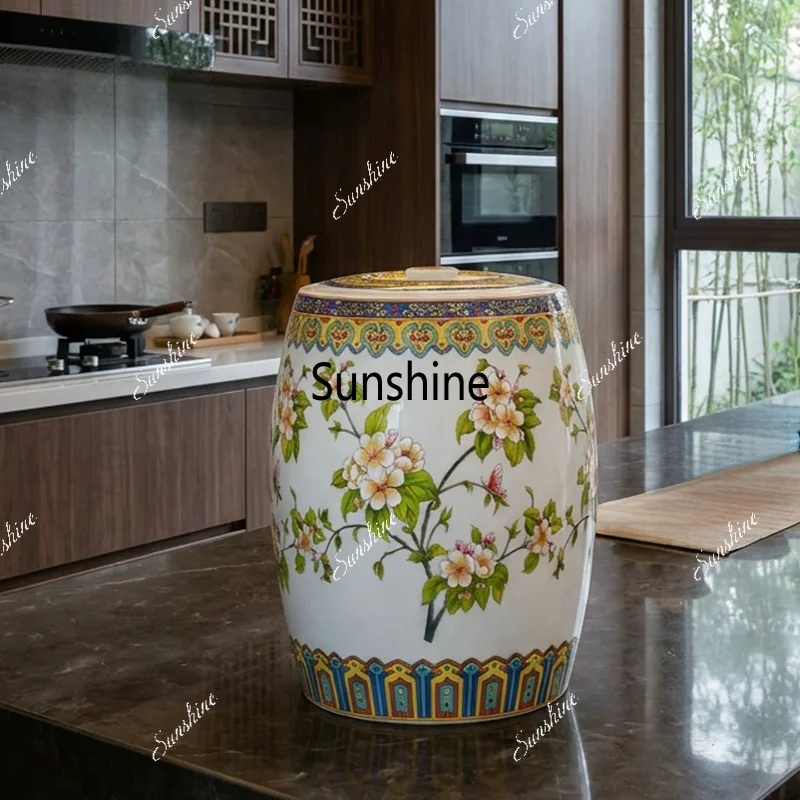 Large capacity ceramic rice storage jar, moisture-proof sealed vintage floral home storage