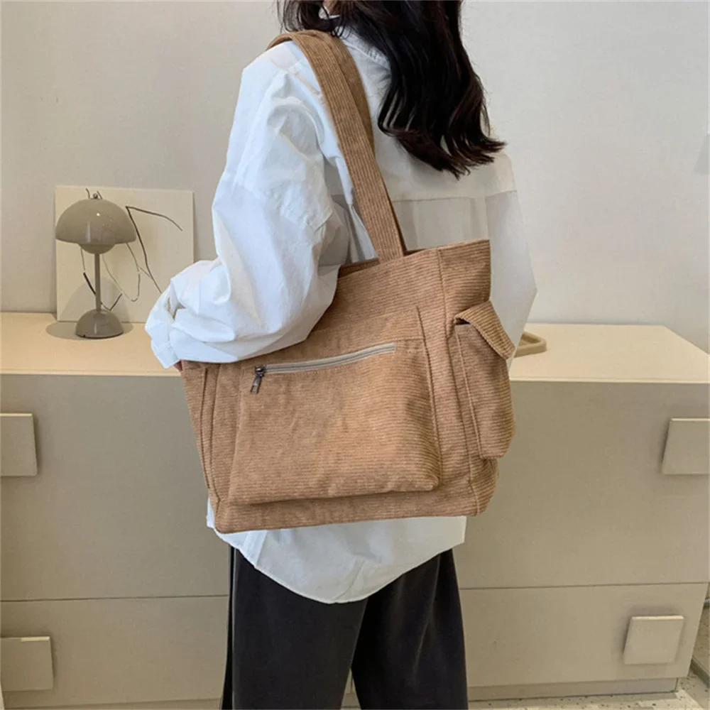 Corduroy Shoulder Bag New Simple And Versatile Women Tote Handbag Large Capacity Shopper Bagside For Woman