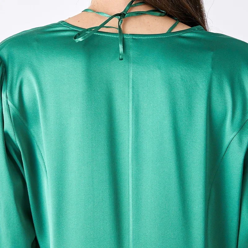 VOA Raso elastico di seta verde scollo a V maniche lunghe pizzo accappatoio di seta allentato per la casa casual semplice camicia da notte donna NE011