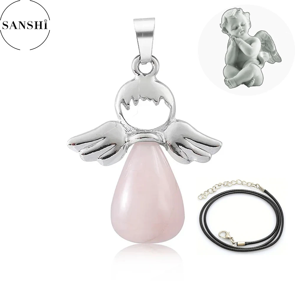 SANSHI Natural Gem Stones Angels Pendant  Necklace Pink Quartz Aventurine Pendants Silver-color Water Drop Female Jewelry Gift