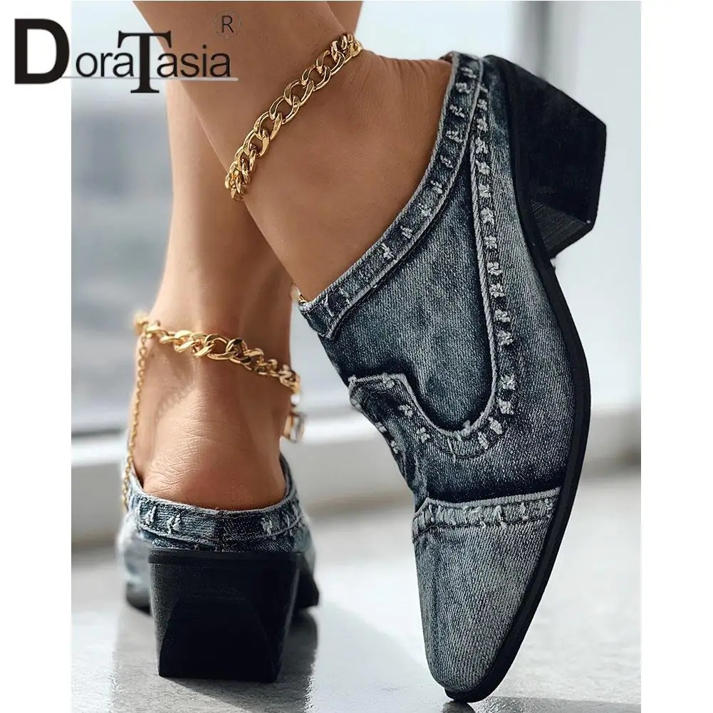 Brand New Ladies Pointed Toe Slides Fashion Chunky High Heels Summer women's Slippers Casual Party Retro Woman Shoes