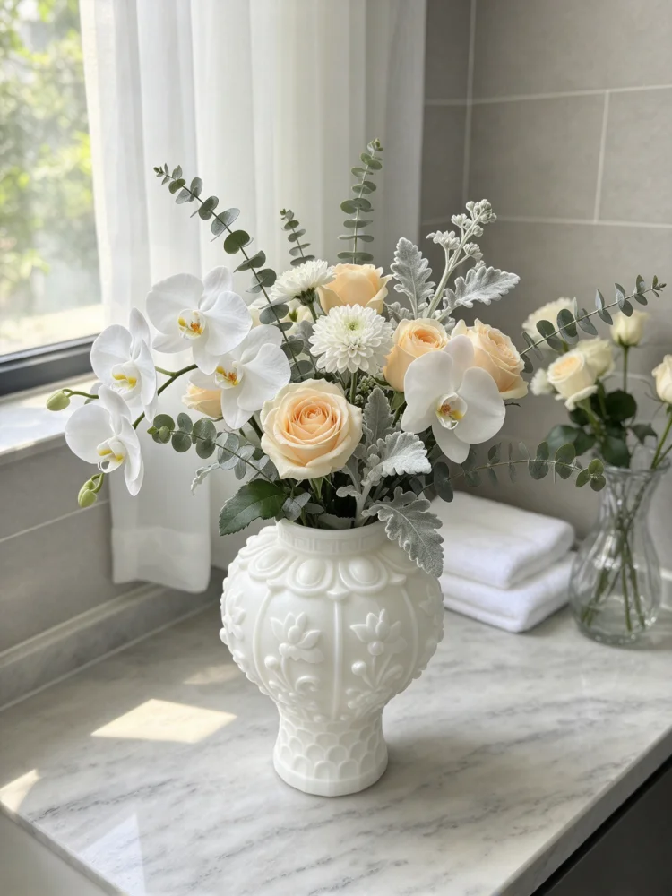 Pearl Embossed Relief Vase, 3D Printed White Petg Material, Shatter-Resistant, Lotus Pattern Octagonal Ball-Shaped Vase Body, Narrow Mouth with Textured Design, Modern and Retro Dual-Style Tabletop Flower Vessel, Bohemian Floral Decoration, Suitable for Home Living Room Tabletop, Bedroom, Bathroom, Office Decor, Wedding Scene Arrangement, Compact Creative Home Gift