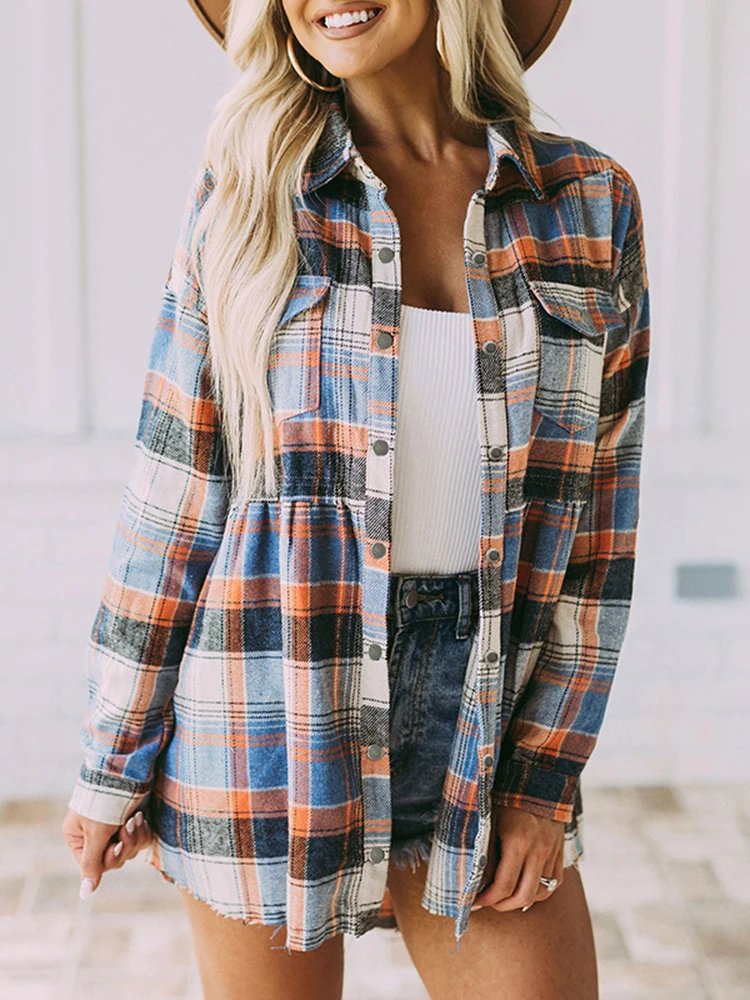 

Gypsylady Boho Multicolor Plaid Shirt Blouse Spring Autumn Think Warm Button Down Vintage Chic Loose Women Ladies Blouse Tops