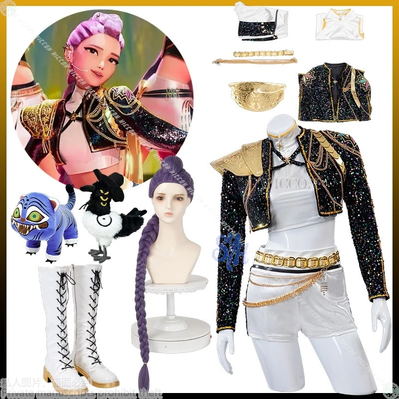 

Anime Kpop Demon Cosplay Huntrix Rumi For GOLDEN Stage Uniform Black Coat White Mini Dress Kawaii Jirai Kei Girls Korea Idol Cos