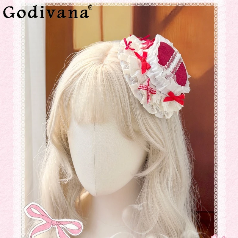 

Sweet Handmade Lolita Hair Accessory Girls Vintage Red Lace Lolita Mini Hat Hairpin Cute Party Bridal Headwear for Women