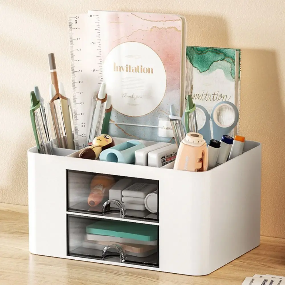 Durable Plastic Desk Organizer with Drawers Large Capacity Stationery Storage Box Multi-Functional Desktop Container Students